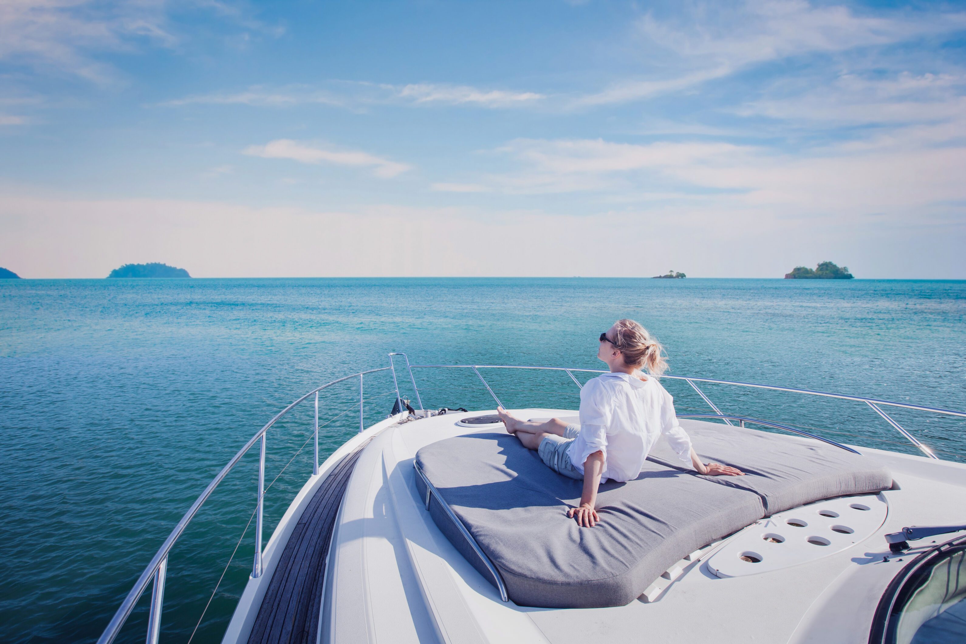 luxury yacht travel, woman enjoying cruise onboard beautiful woman enjoying luxurious yacht cruise, sea travel by luxury boat